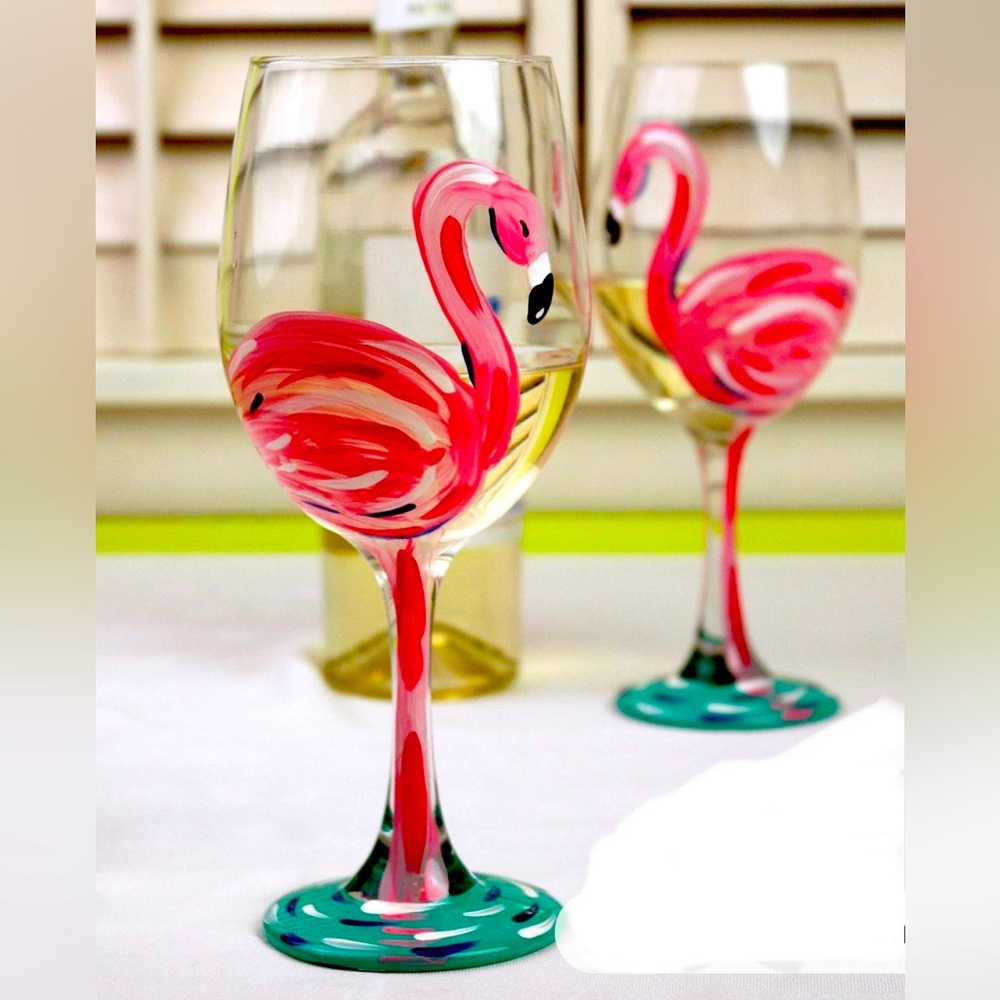 Flamingo Wine Glasses- Hand Painted, NWT